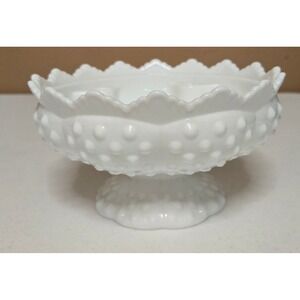 Vintage Milk Glass Hobnail Pedestal Flower Frog Bowl Ruffled Rim Floral Arranger